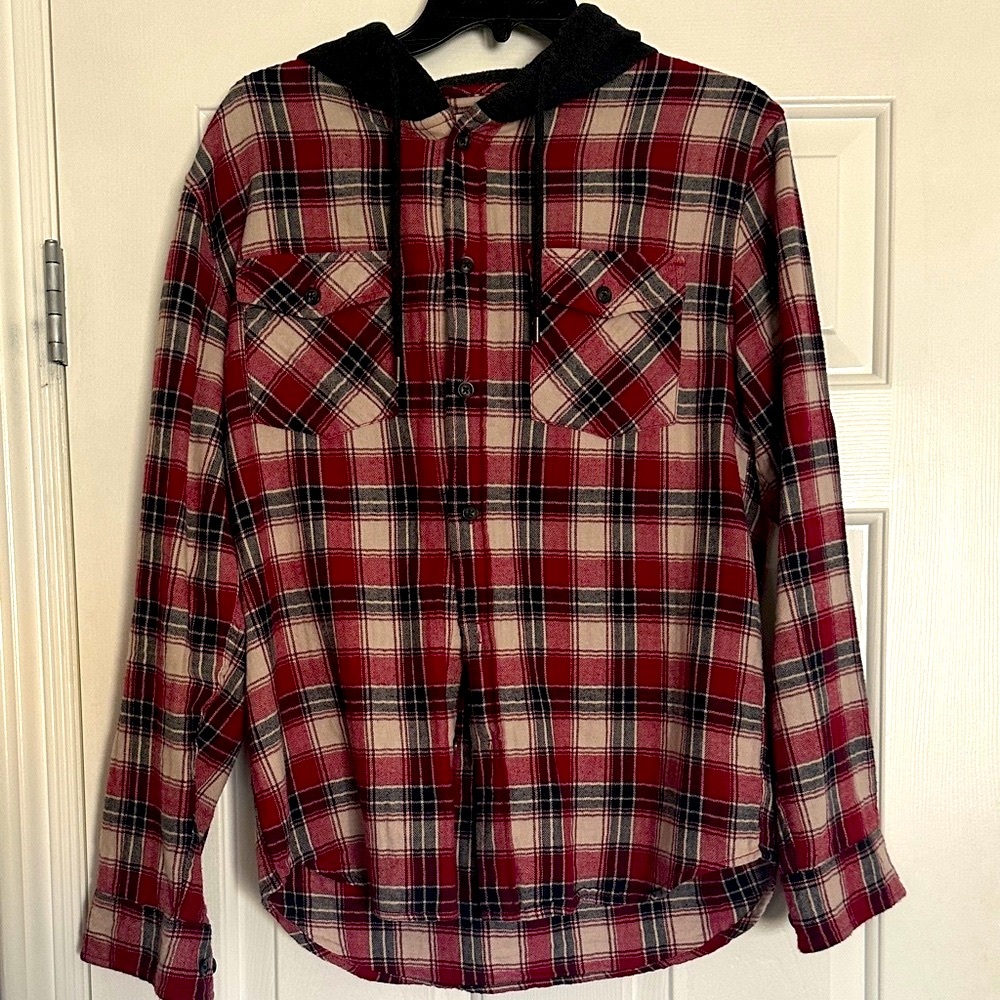 Men’s Red and Gray Hooded Flannel